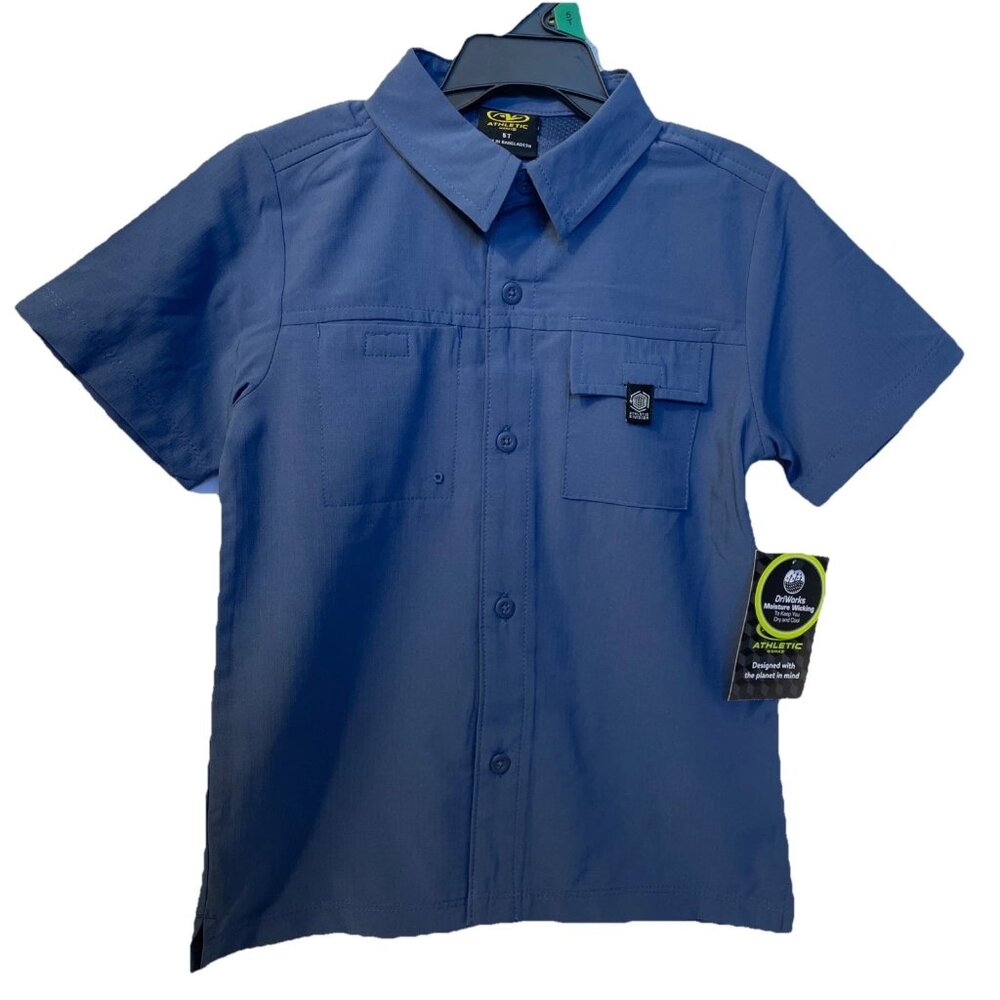Boys Athletic Works Blue TB Adventure Dress Shirt 5T NEW Button Up Collar Wickin